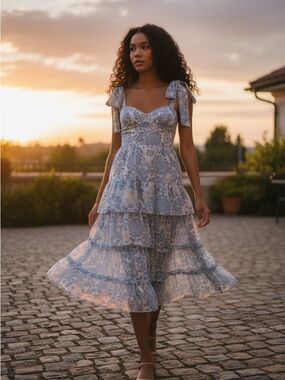 💙 EVENUEL Blue Toile Bustier Midi Dress NWT Cottagecore Romantic Bow Strap 💙